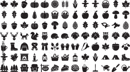 Obraz na płótnie Autumn seasonal vector graphic collection featuring various black silhouette ico