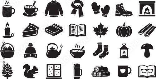 Foto Set of black autumn season icons featuring various cozy items like warm clothing