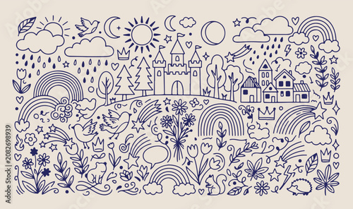 Foto Whimsical doodle pattern, hand drawn sketch, cute seamless wallpaper, playful ki