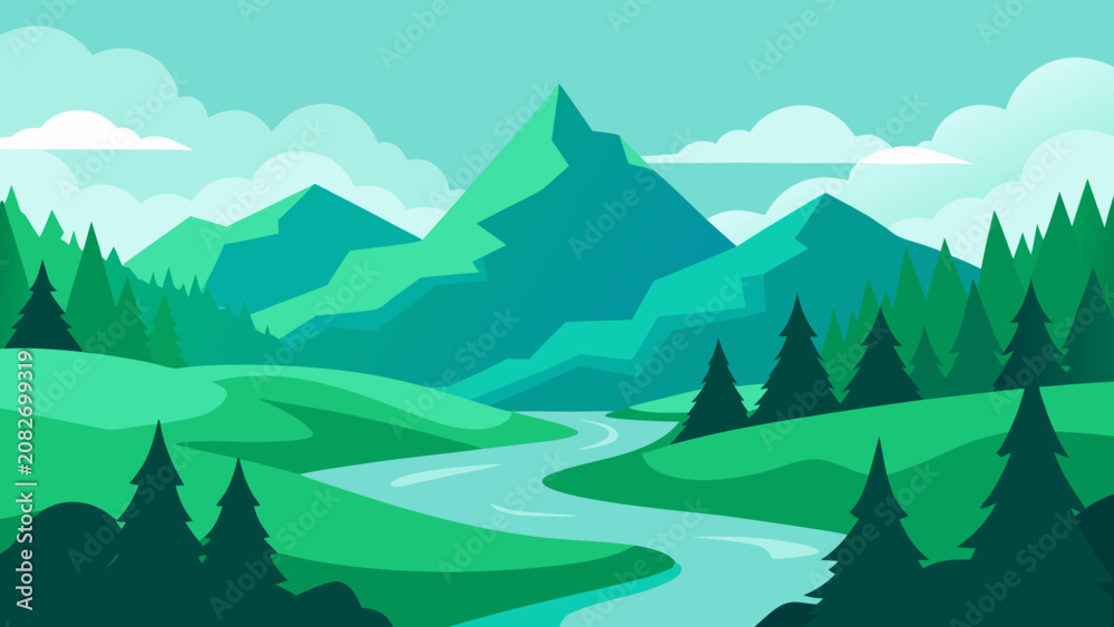 Fototapeta premium Emerald Valley River Flat Vector Landscape