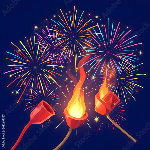 Colorful Festival Fireworks Burst and Burning Rockets Illustration on Dark Blue Background