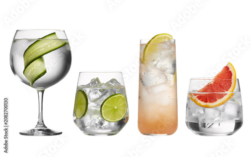 Four refreshing gin cocktails with png isolated background