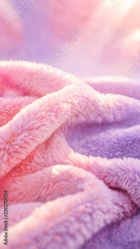 Soft, fluffy blanket in pastel pink and lavender tones. Gentle sunlight glows through fabric folds. Calming, dreamy texture perfect for relaxation or wellness themes. Ideal for spa, sleep