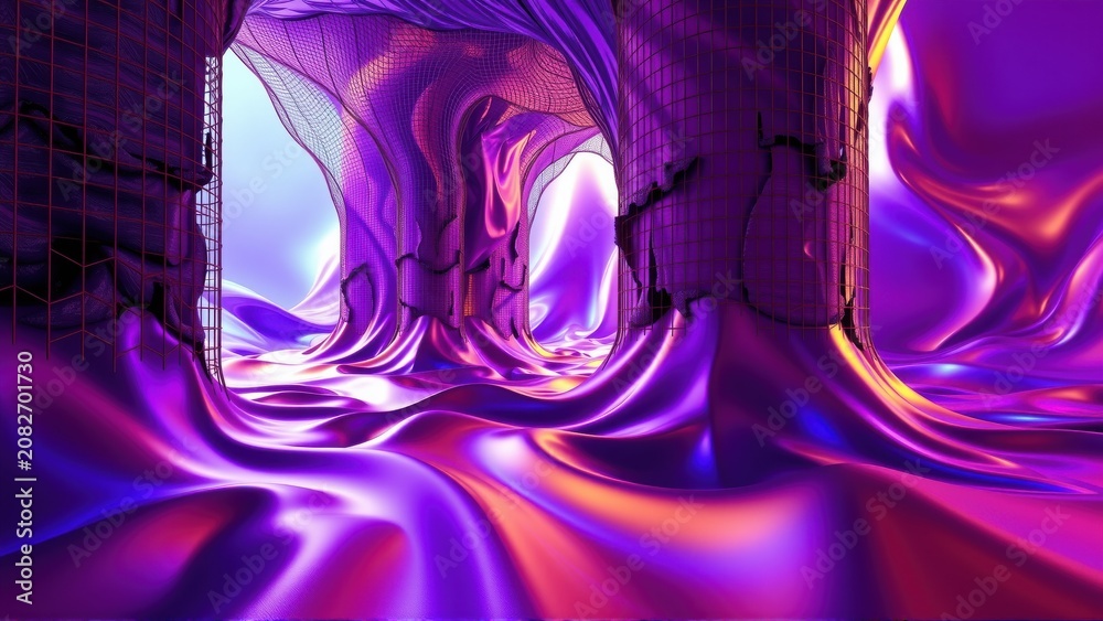 Fototapeta premium Abstract fluid shapes, vibrant purple hues, metallic texture. Tunnel perspective creates depth, futuristic design. Dramatic lighting, dark background.