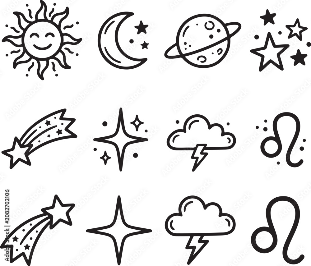 Obraz premium Astrology icons, zodiac symbols, celestial bodies, star and cloud illustrations, vector set