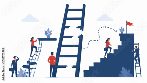 Individuals collaborating to overcome challenges and build strategic paths towards achieving success, demonstrating perseverance and teamwork in their ambitious journey