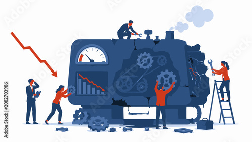 Dedicated business team collaboratively working to repair a declining organizational system, implementing strategic solutions to overcome financial challenges and improve performance