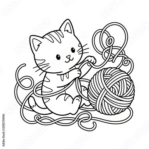 Cute kitten playing with yarn ball outline on transparent background