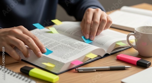 Student diligently studying a thick book with colorful sticky notes and highlighters.