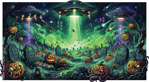Foto Alien UFO spaceship abduction in a spooky Halloween cemetery with scary jack o l