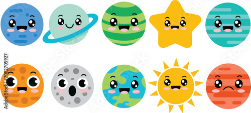 Fotografija Cute cartoon planets and celestial bodies set with happy facial expressions