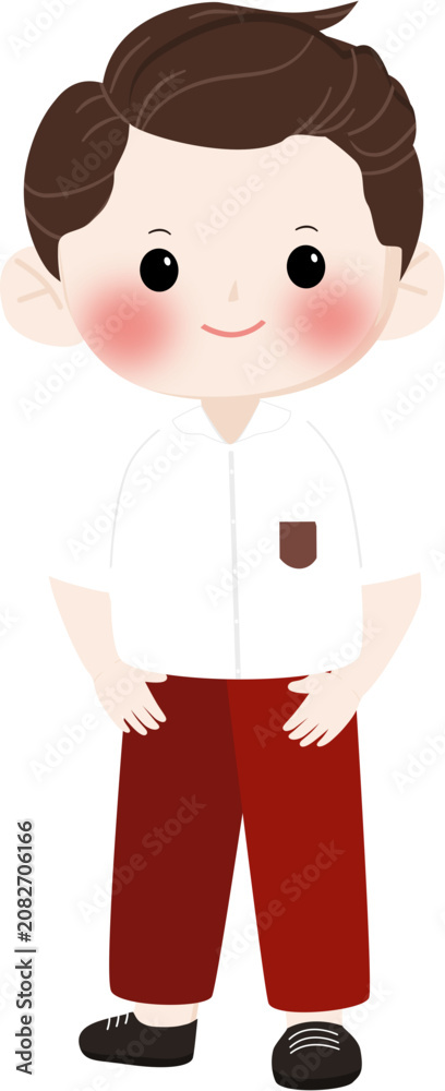 Obraz premium Happy Indonesian Elementary School Boy Wearing Red and White Uniform with Backpack, Smiling Student Character Illustration Isolated on Transparent Background