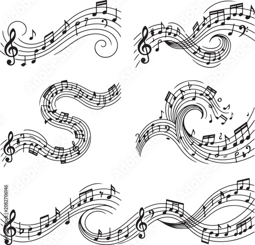 Music notes, swirling sheet music, black and white vector, 8 illustrations, musical symbols