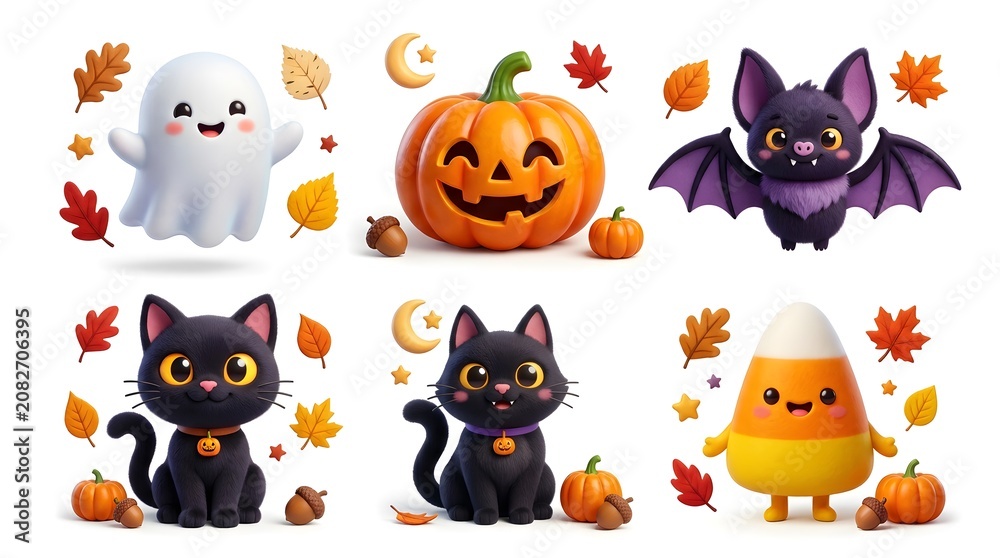 Fototapeta premium Halloween characters and symbols in autumn leaves