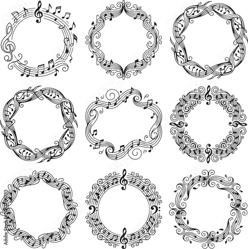 Music note wreaths, ornate frames, vector borders, musical decorative elements, 9 circular designs