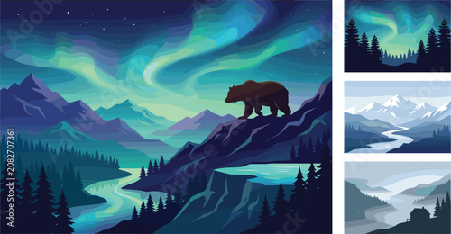Fotografía Beautiful northern lights landscape vector illustrations bundle featuring grizzl