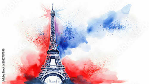 Eiffel tower with french flag watercolor background