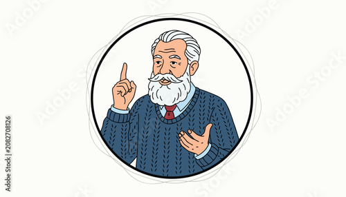 Elderly man with a white beard and grey hair pointing his finger up as if explaining an idea inside a round frame.