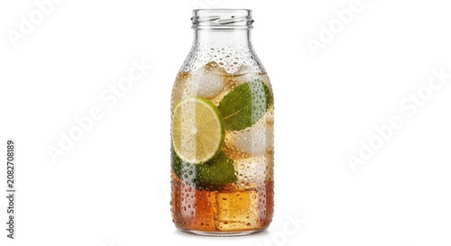 Refreshing beverage in a clear glass bottle with ice and citrus slices