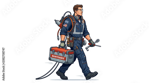 Foto Illustration of a technician walking while carrying a large backpack vacuum cleaner and tools in a cartoon style with a solid white background