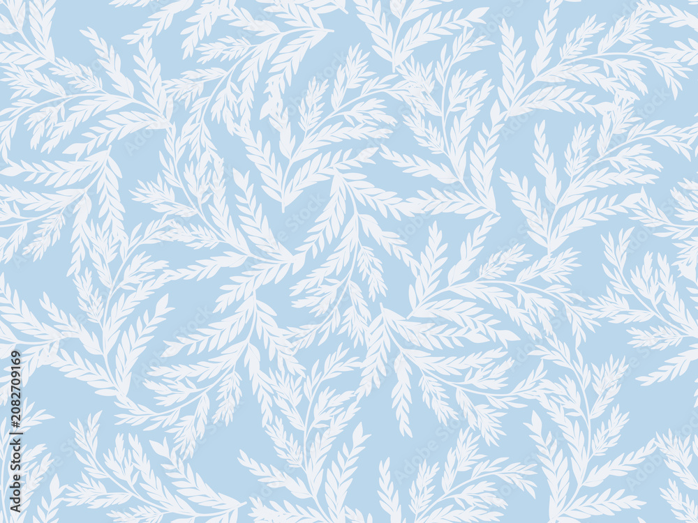 Fototapeta premium Minimalist Seamless Pattern with White Botanical Leaf Branches on a Pastel Blue Background