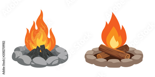 Campfire vector set featuring two burning bonfires with stacked firewood and stone fire pits, isolated on a transparent background.