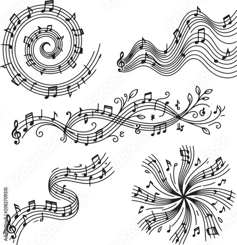 Music notes, swirling sheet music, vector illustrations, black and white, 5 designs