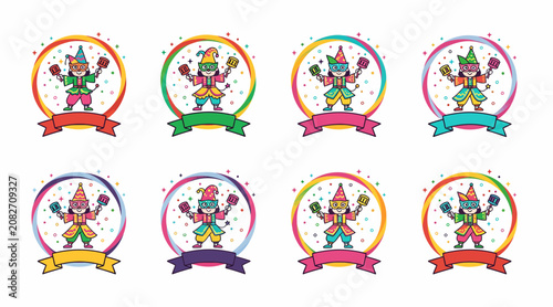 colorful clown icons with ribbons