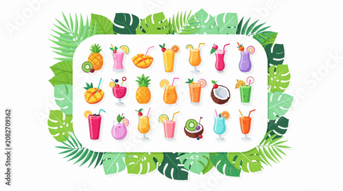 colorful cocktails with tropical fruits and leaves