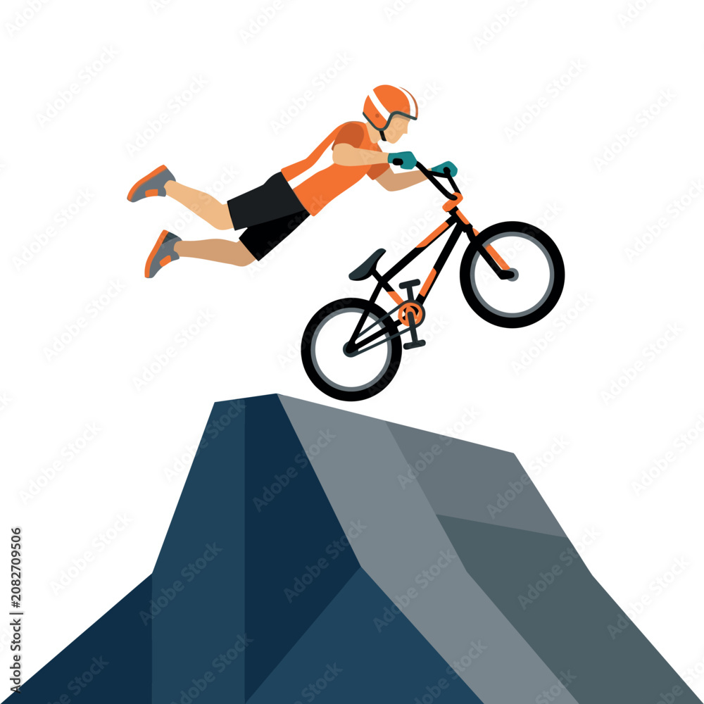 Obraz premium BMX rider performing a mid-air trick over a ramp in a flat vector illustration style