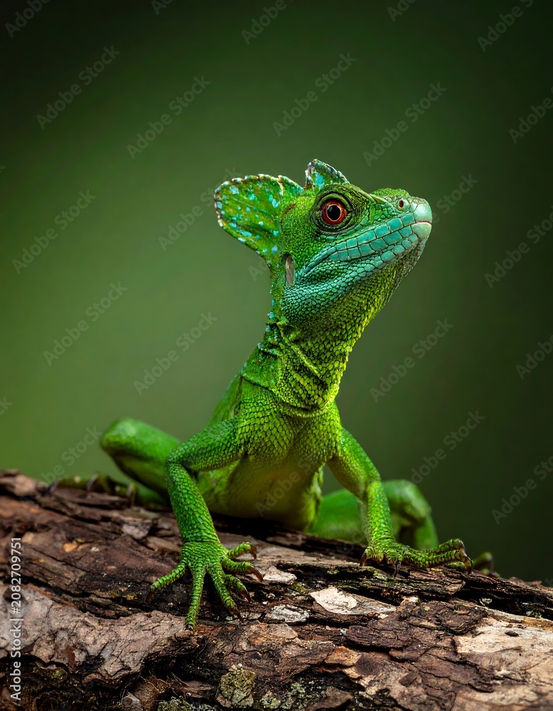 Fototapeta premium Green basilisk lizard perched on bark against blurry green background