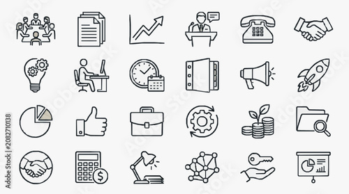 Canvastavla Minimalist Black and White Line Icons Set Featuring Business Communication Finan
