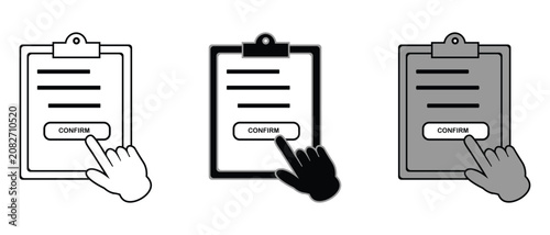 Clipboard document icon with confirm button being pressed by finger represents task approval process verification signature submission flow interface digital interaction symbol set on dark grid.