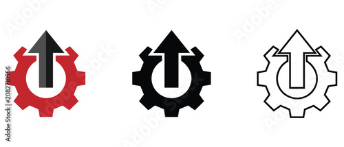 Gear wheel icon with upward pointing arrow inside representing configuration update process system maintenance progress setting improvement optimization tool utility symbol isolated on background.