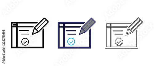 Digital document editing icon with pencil and check mark symbol representing form completion verification data entry review signature submission process user interface graphical element set.