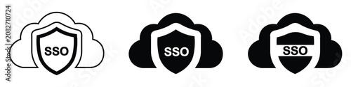 Cloud sso security vector illustration set on transparent background, outline, solid, and color version, representing single sign on.