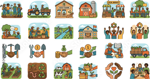 Photos Community agriculture and organic farming cooperative vector icon set featuring
