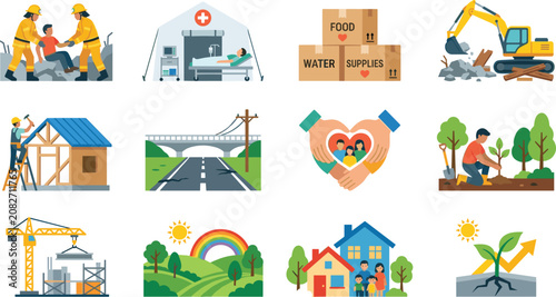 Foto Disaster relief and community reconstruction vector icon set showing rescue medi