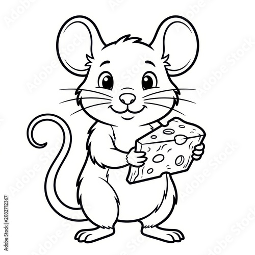 Cute cartoon mouse holding cheese coloring page