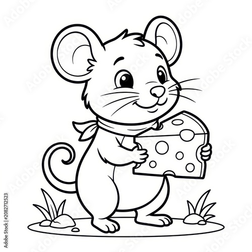 Cute cartoon mouse holding cheese for coloring