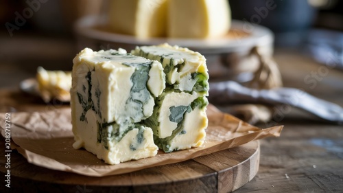 An exquisite cheese with a noble blue mold (with characteristic blue-green veins of Penicillium roqueforti culture), cut into a neat cube.