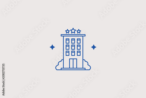 Photos High multistory city hotel building with three stars line icon for booking agency