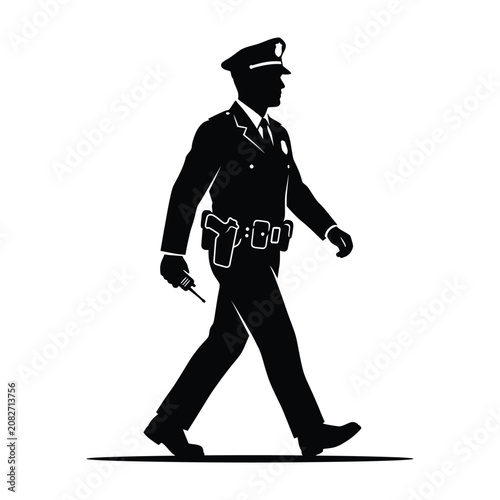Φωτογραφία Silhouette of a policeman walking confidently while holding a radio communicator