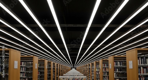 Modern Library Interior with Rows of Bookshelves and LED Lighting.