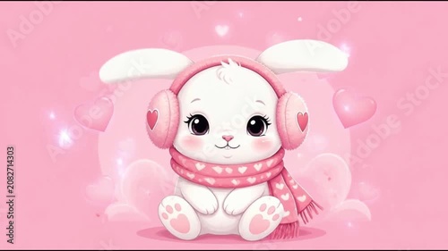 fantasy surreal Cute cartoon Bunny wearing a scarf and fur headphones motion