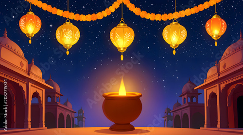 Glowing Diwali Diya and Hanging Paper Lanterns with Indian Palace Architecture Background