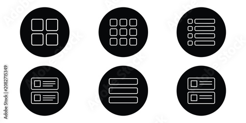 Foto Display mode UI icons featuring grid, list, card, table, and compact view layouts for web and mobile interface design