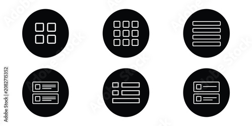 Konstfotografi Display mode UI icons featuring grid, list, card, table, and compact view layouts for web and mobile interface design