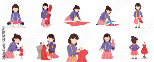 Obraz na plátně Creative young girl fashion designer character set illustrating various sewing a