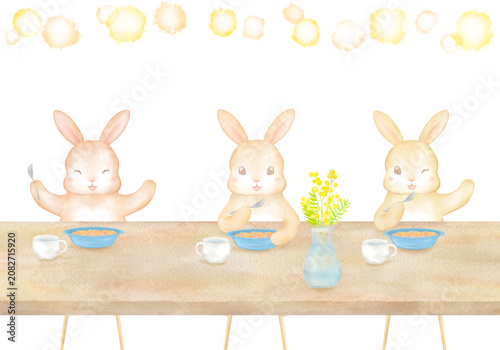 テーブルを囲んで楽しくご飯を食べる3匹のうさぎ 水彩イラスト。家族のだんらん、楽しい食事。